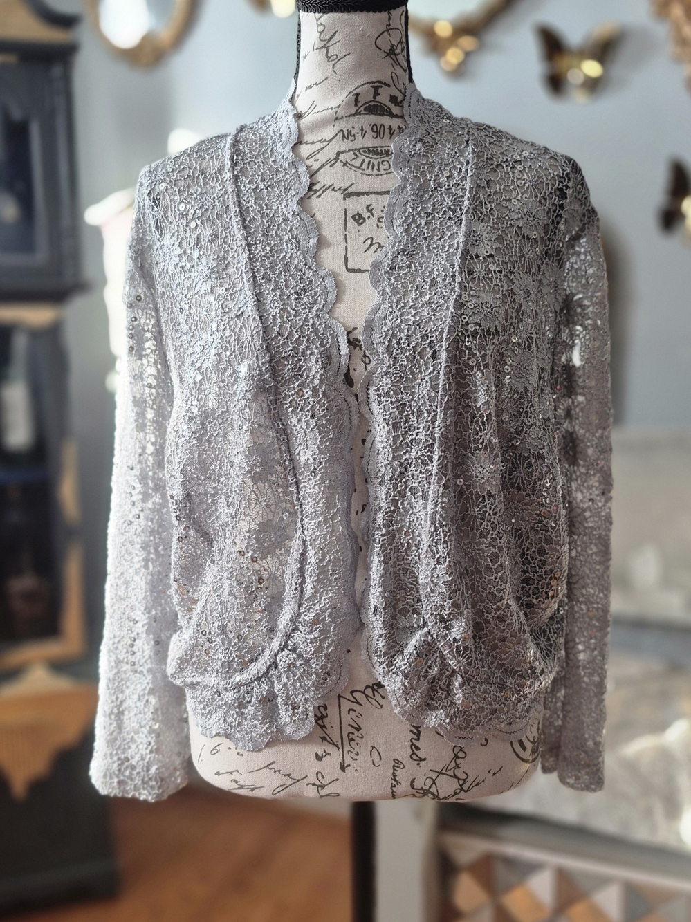 R&M Richards Romantic Silver Lace Open-Front Cardigan XL